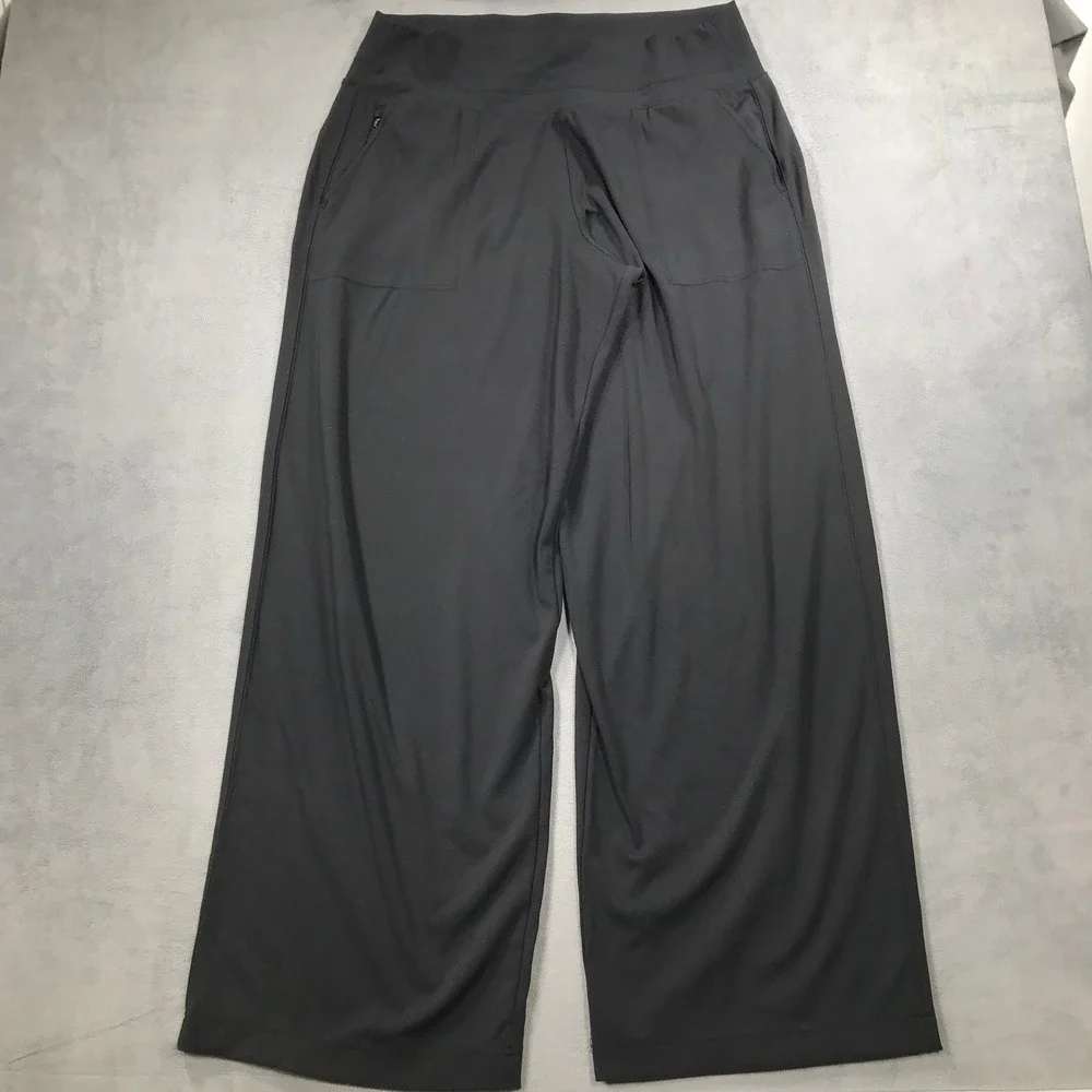 Athleta Womens Black Wide Leg Stretch Yoga Travel Pants XL High Rise Pockets